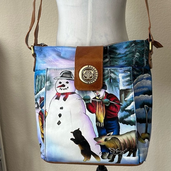 Sharif Artistic Expressions Crossbody Bag Hand Painted Leather Winter Wonderland - Picture 8 of 15